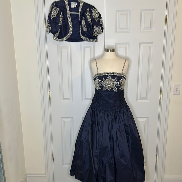 Claires Collection  Silk Elegant Navy Blue Crystal Embellished Dress & Bolero - Picture 1 of 12